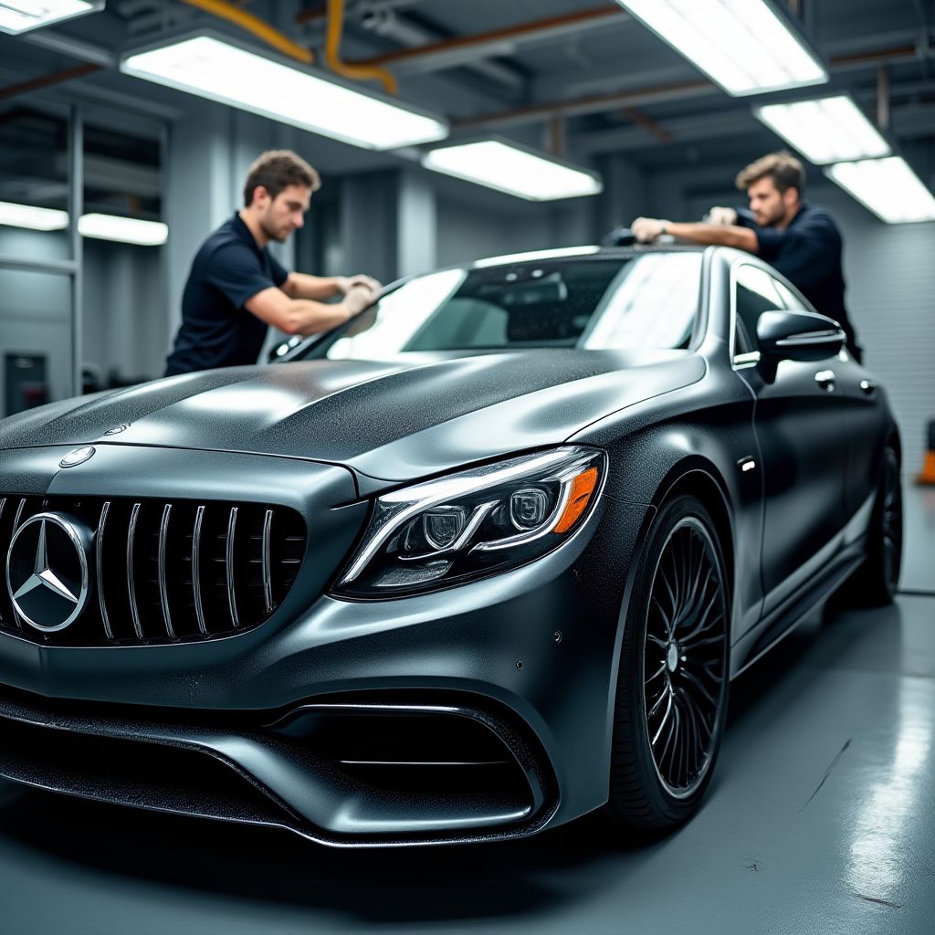 Echipa CleanCar lucrând la curățarea unei mașini